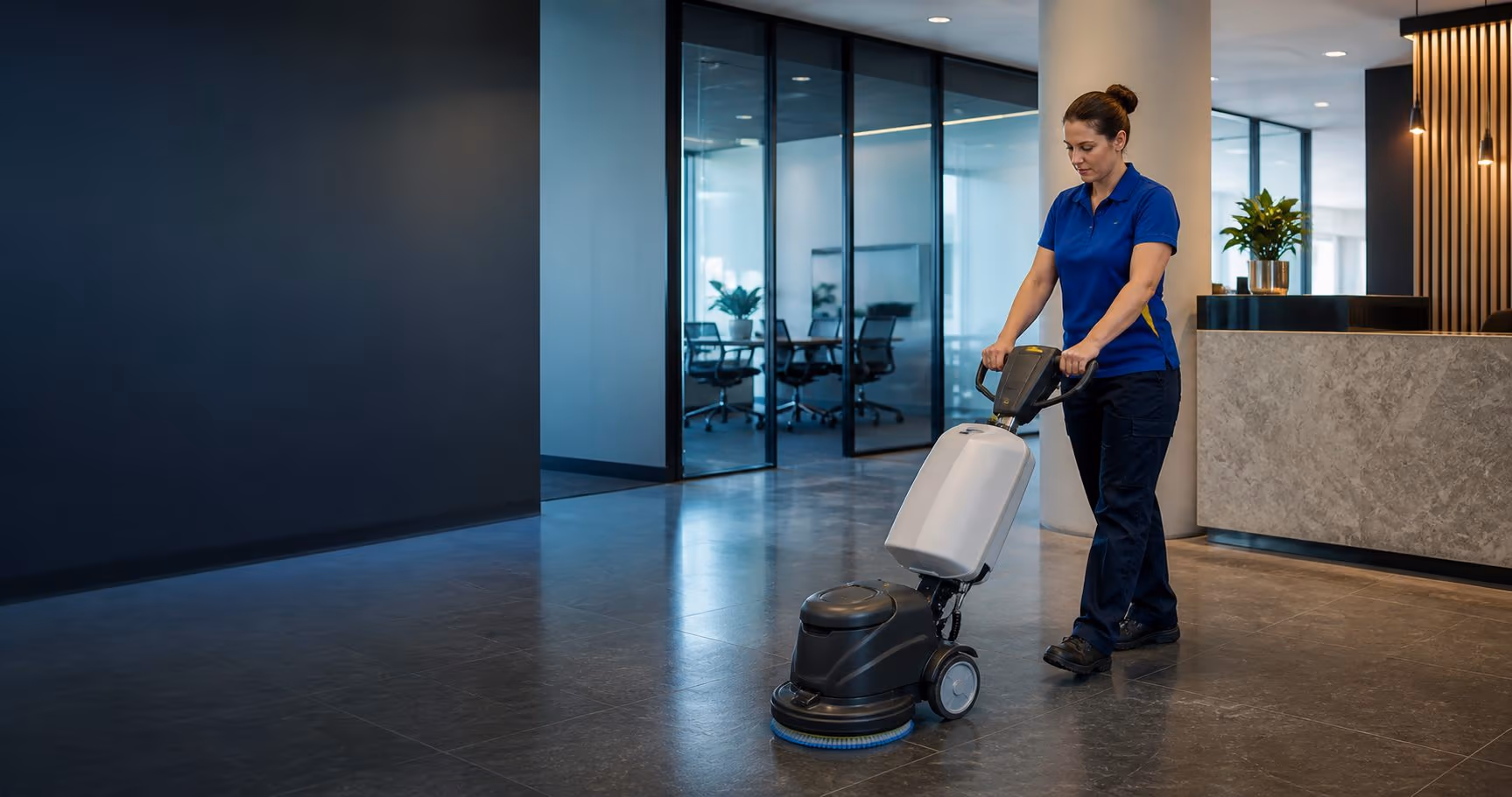 Female commercial cleaner using professional floor-care equipment in an office