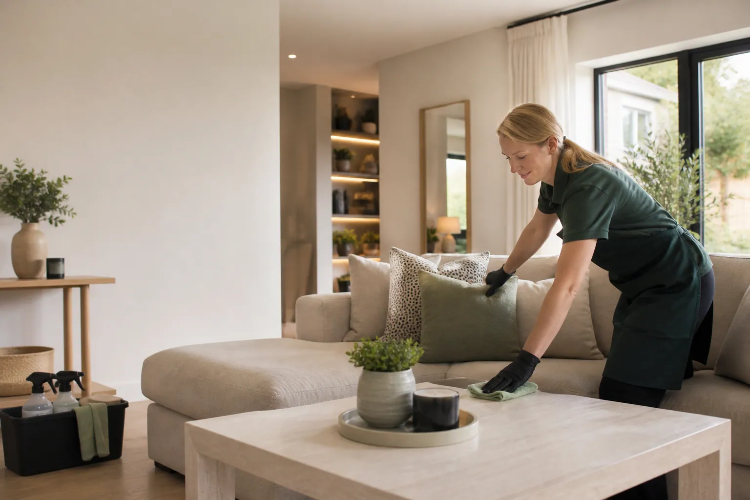 Professional female commercial cleaner in a modern office