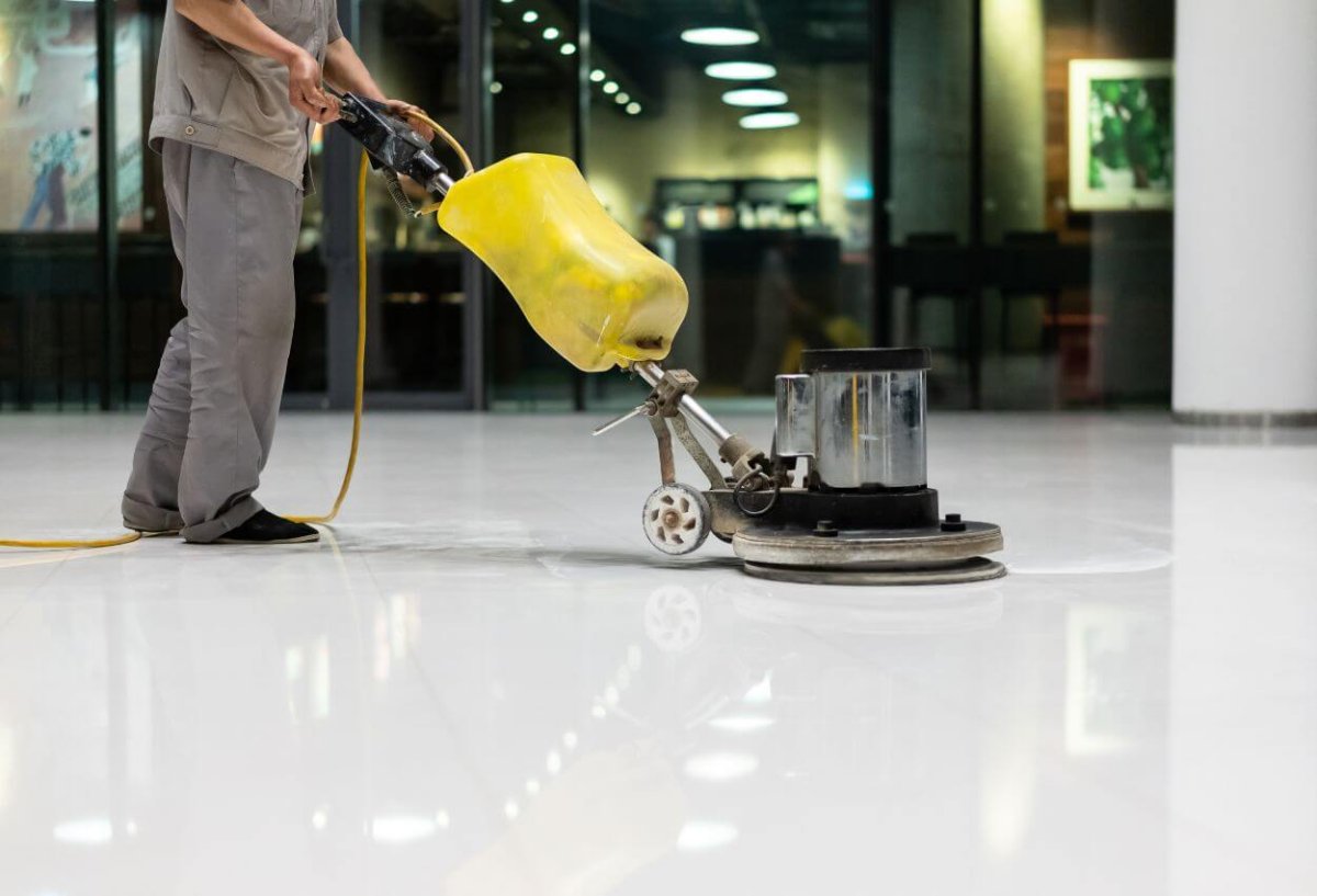 Expert Floor Care and Cleaning Detailed floor care and cleaning by professionals, ensuring spotless and well-maintained floors
