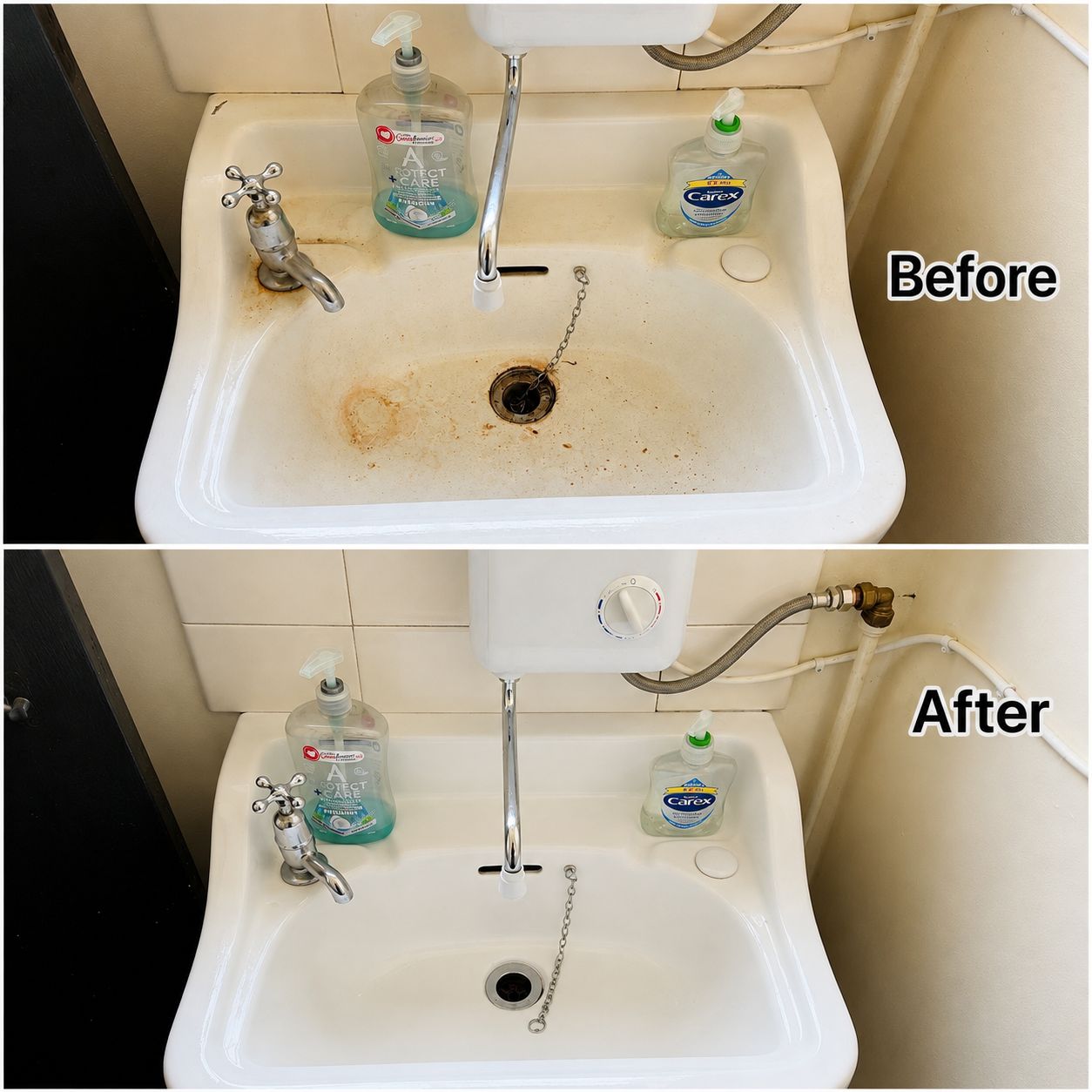 Bathroom sink cleaning before and after