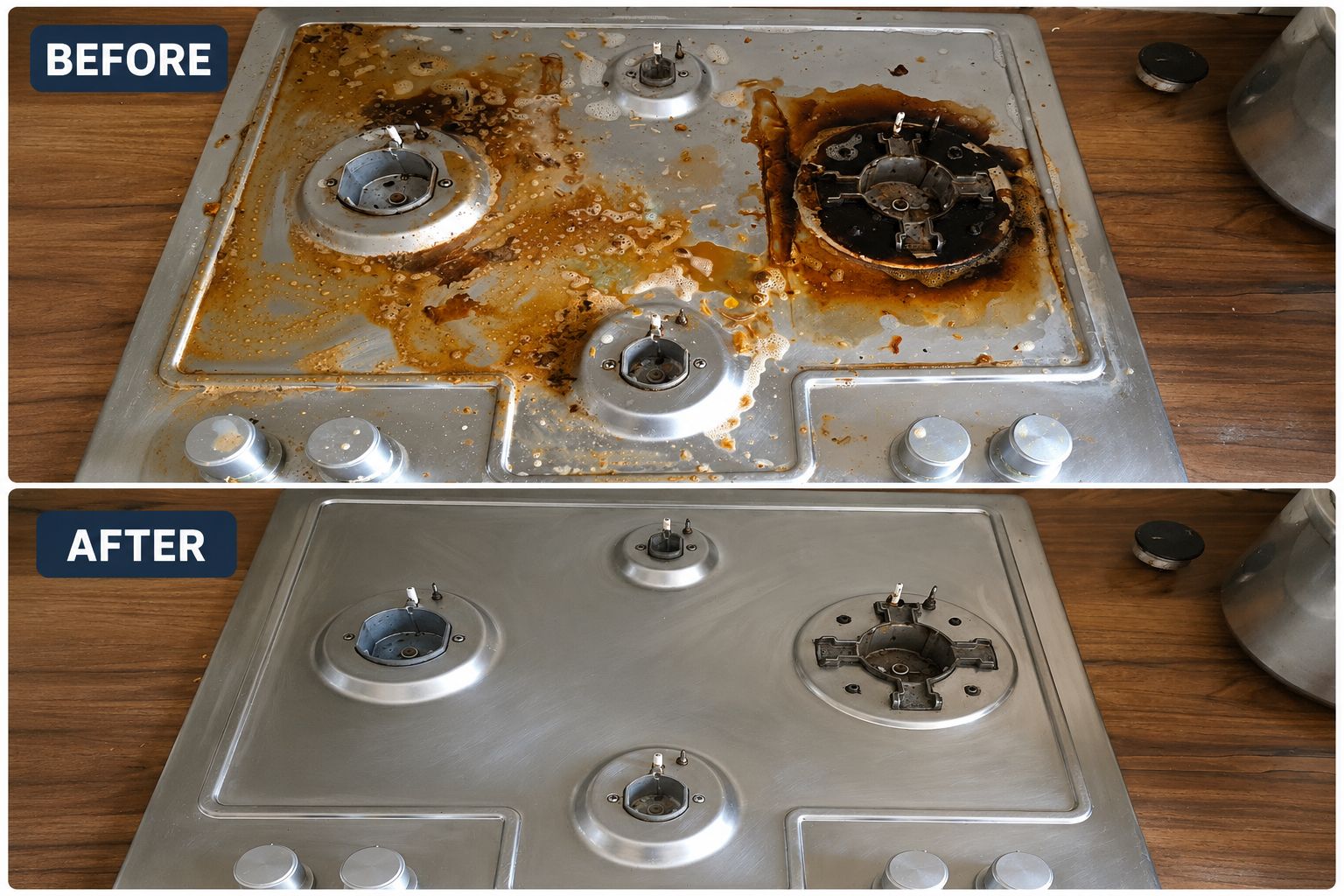 Gas hob cleaning before and after
