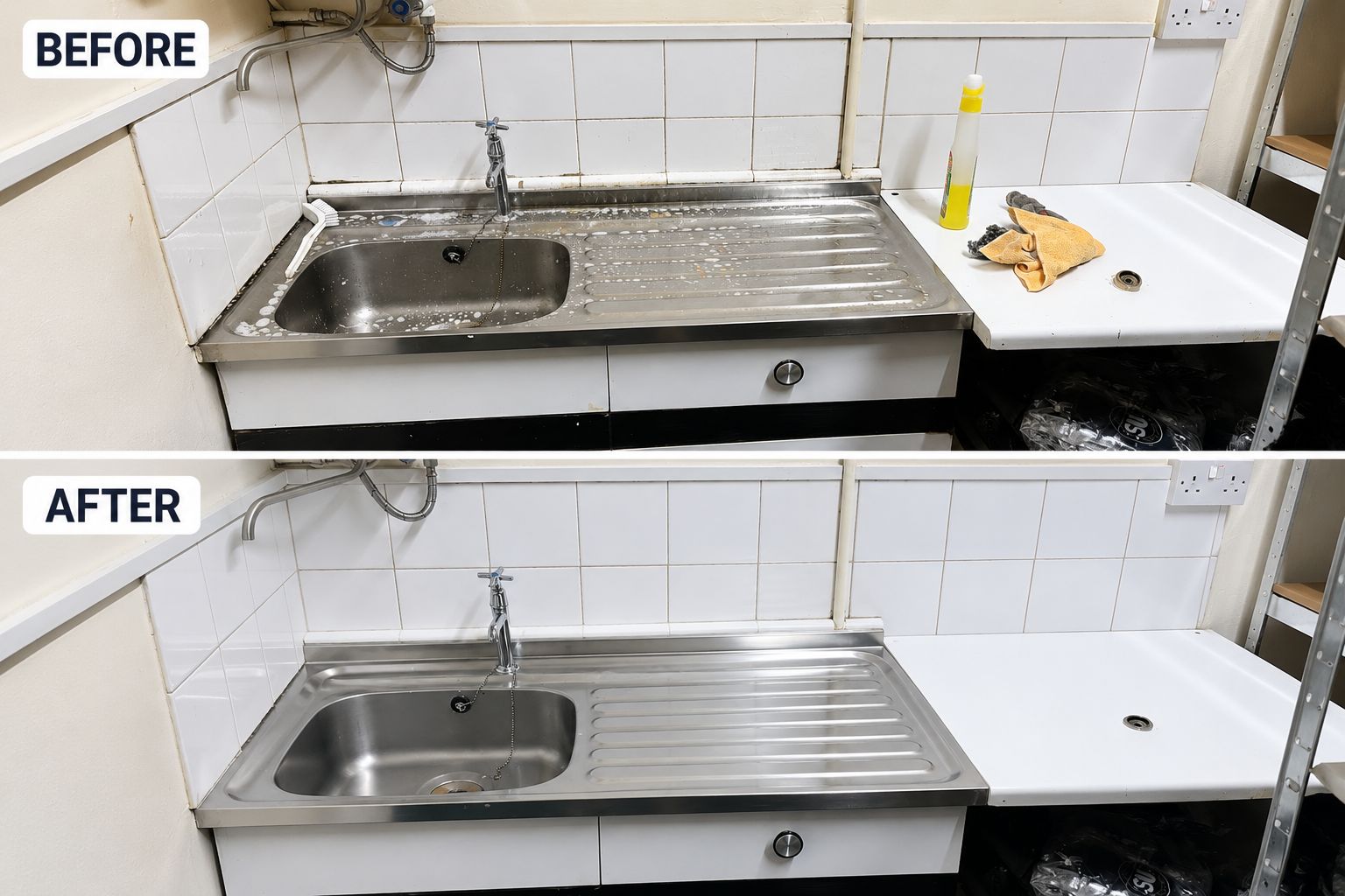 Kitchen sink and draining board cleaning before and after