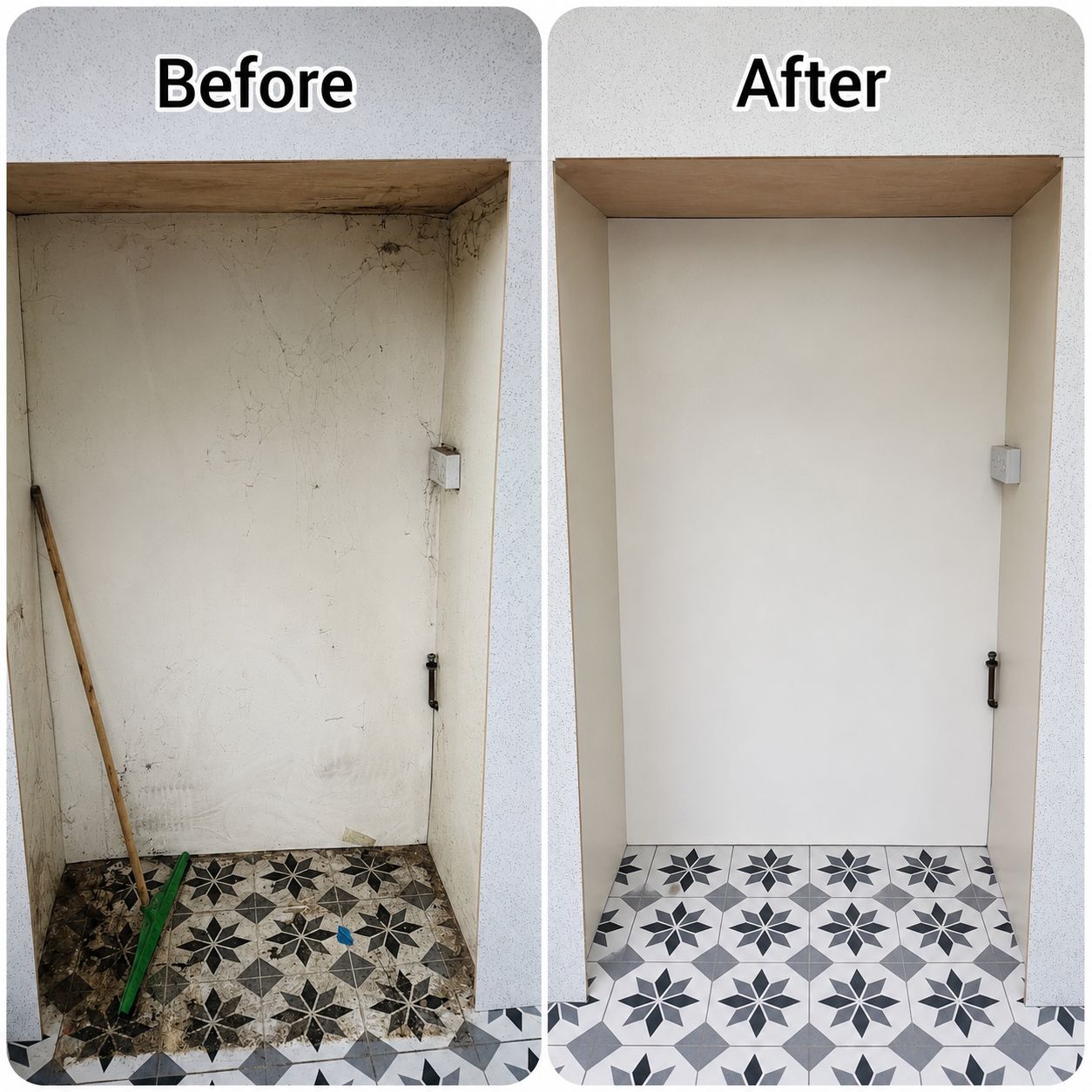 Storage alcove cleaning before and after
