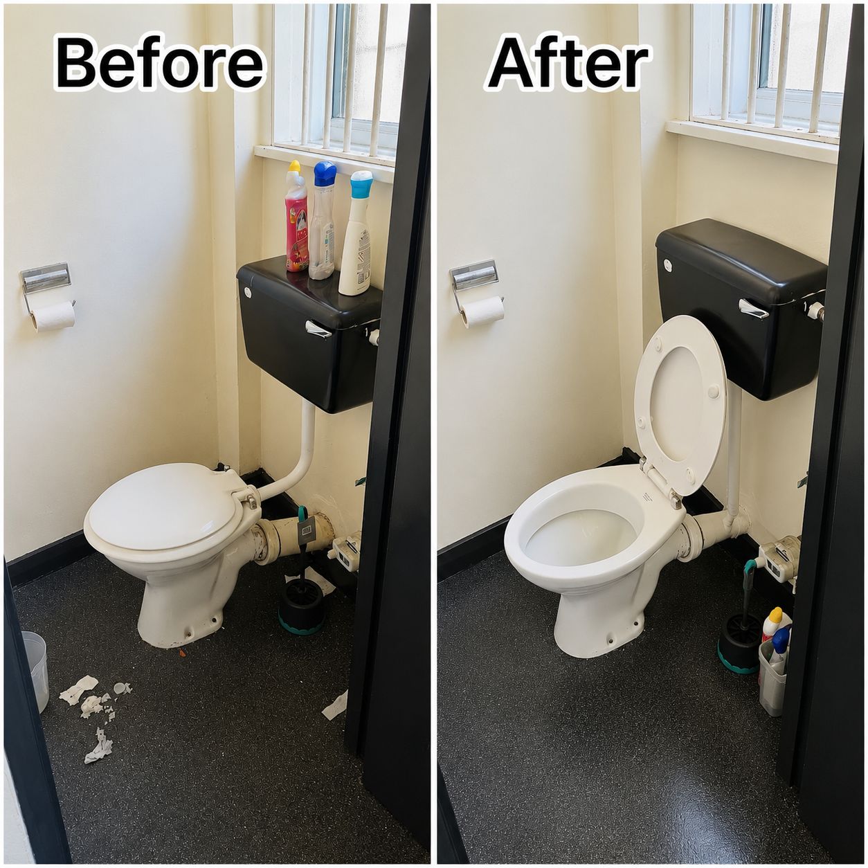 Washroom cleaning before and after